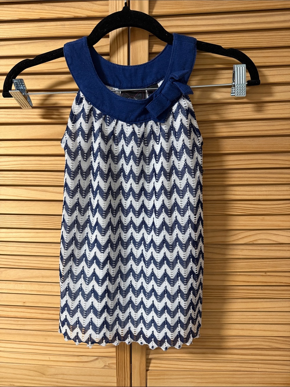 Self Esteem Navy and White Chevron Sleeveless Dress with Bow